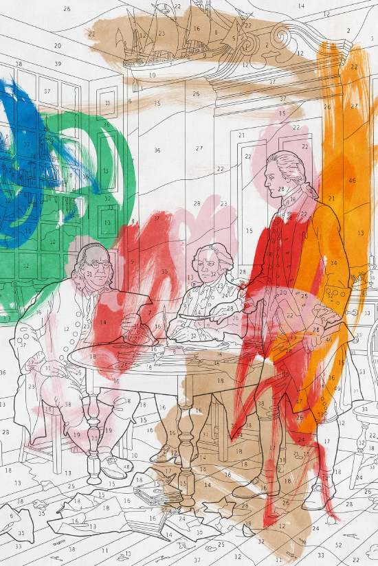 一幅填色风格的开国元勋插画，所有色彩都涂在了轮廓之外 插画：瓦赫拉姆・穆拉迪安